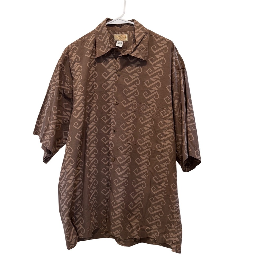 Noa Noa Mens Brown Geometric Tribal Print Cotton Button Down Shirt Large Indo
